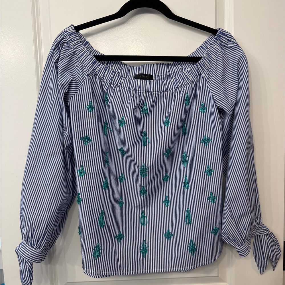 J. Crew Blue and White Striped Blouse with Green Beaded Embellishments - Picture 1 of 5